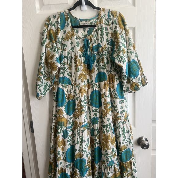 NATURAL LIFE Auguste Cream Green Border 100% Cotton Boho Maxi Dress Sz M - Picture 5 of 16